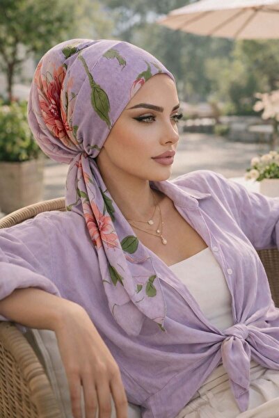Aişe tesettür Λιλά Μαλακό Κασκόλ με Σχέδιο και Καπέλο
