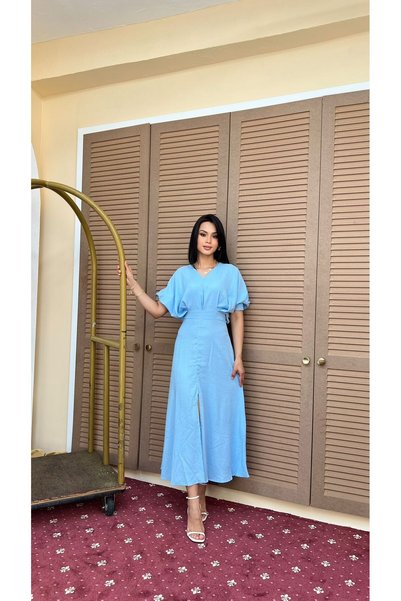 Nida Boutique V-Neck Front Slit Bat Sleeve Cotton Aerobin Dress