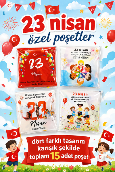 COLORPAK 23 Nisan özel hediye ikram kesesi 15 adet Kendinden Yapışkanlı Şeffa...