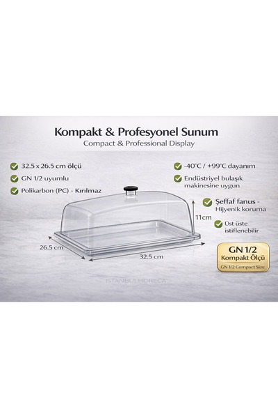 İstanbul Horeca Polikarbon GN 1/2 Fanus Kapaklı Servis Tepsisi 32.5x26.5 cm |...