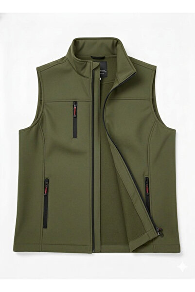 H&A İSTANBUL Ανδρικό χακί γιλέκο Softshell με όρθιο γιακά, 3 τσέπες, με φερμο...