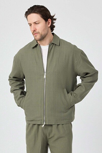 NGR Erkek Hafif Keten Astarlı Fermuarlı Ceket Balsas Haki Yeşil