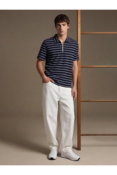 Ltb تي شيرت بولو ياقة بولو بسحّاب من قماش الجاكار باللون الأزرق الداكن