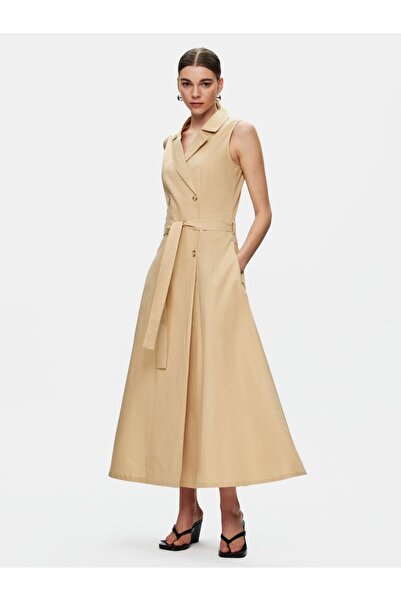 Ltb Μακρύ μπεζ φόρεμα με κουμπιά μπροστά