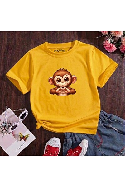 playwear Παιδικό unisex μπλουζάκι με στάμπα Heart Making Monkey, 100% βαμβακε...