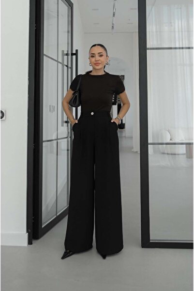 Havoş Μαύρο μεταλλικό παντελόνι με κουμπιά και ντραπέ σχέδιο