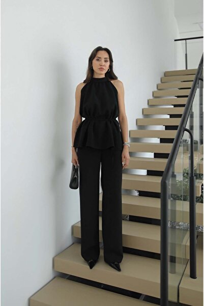 Havoş Μαύρο Σετ Μπλούζα-Παντελόνι με Λεπτομέρεια Δέσιμο Pelas