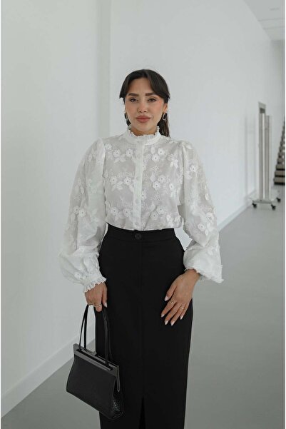 Havoş Λευκό πουκάμισο με κέντημα λουλουδιών και μανίκια μπαλόνι