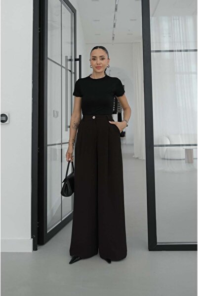 Havoş Pantaloni drapați maro metalic cu nasturi