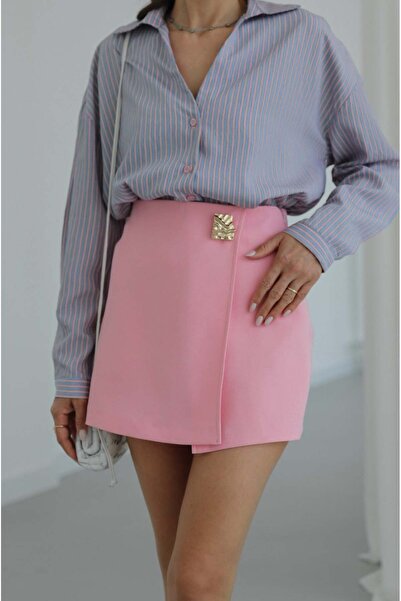 Havoş Pink Gold Brooch Detailed Short Skirt