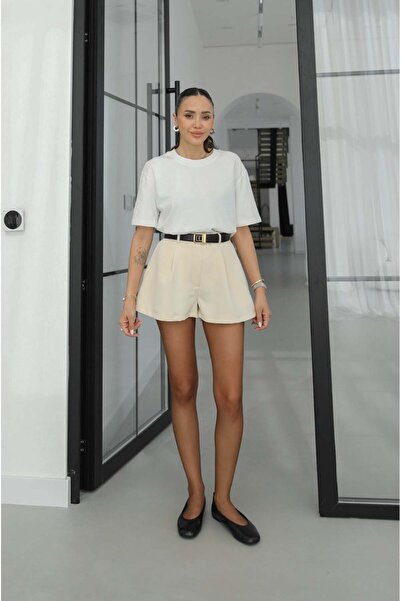 Havoş Beige Pleated Detailed High Waist Mini Shorts