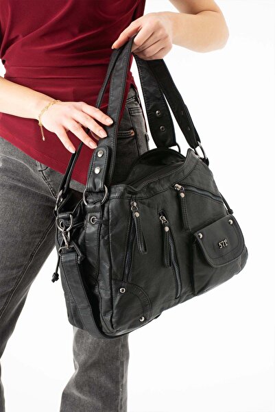 571 Collections Çanta Washed Leather Multi-Compartment Shoulder Bag Black