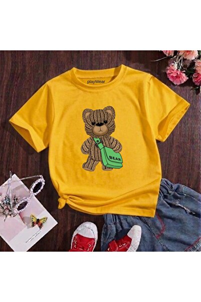 playwear Καφέ Πλεκτό Μπλουζάκι με στάμπα αρκουδάκι 100% παιδικό unisex μπλουζ...