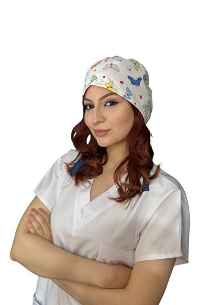Cotton Poplin Surgical And Chef Bonnet Colored Butterflies Patterned
