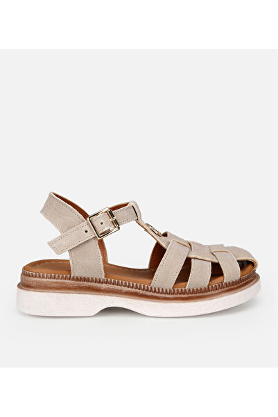 Hotiç Γυναικεία δερμάτινα σουέτ μπεζ άνετα φλατ σανδάλια