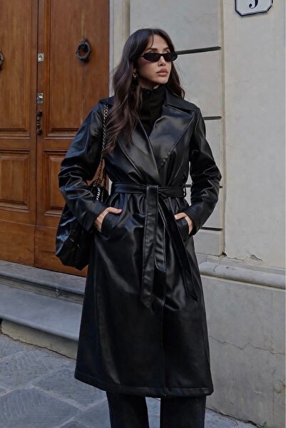 gm giyimarket Νέα σεζόν Γυναικεία Oversize Δερμάτινη Καμπαρντίνα