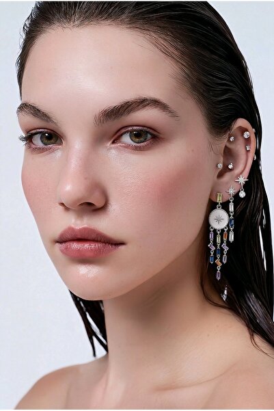 YSX JEWELRY Colorful Stone Detailed Asymmetrical Star Earring Set