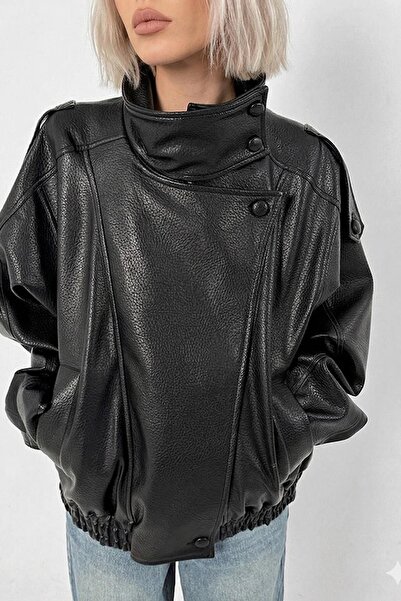 PRİFALDİ Γυναικείο μαύρο μπουφάν από συνθετικό δέρμα με υφή Pb Stand Collar