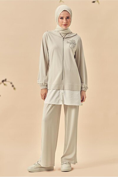 Alvina Shirt Garnished Sweat Suit Set 46340