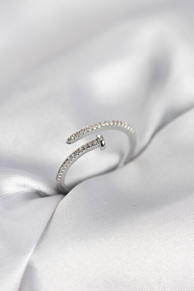 Nehir Stylish Nail Model Zircon Stone Silver Color Women's Ring Teachers Moth...