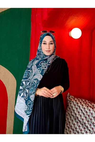 minelesarp Πετρόλ πράσινο σάλι με έθνικ σχέδια – Με μεταξωτή υφή, αντιολισθητ...