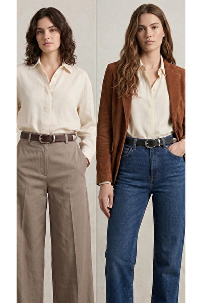 Pino44 2-Piece Genuine Leather Women's Belt with Nicel Buckle and End Detail, 3m