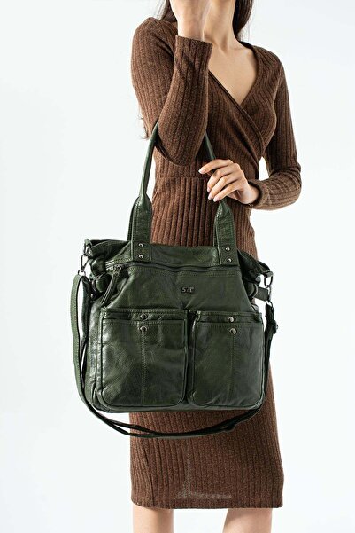 571 Collections Çanta Πράσινη τσάντα ώμου και χειρός από δέρμα πολλαπλών τμημ...