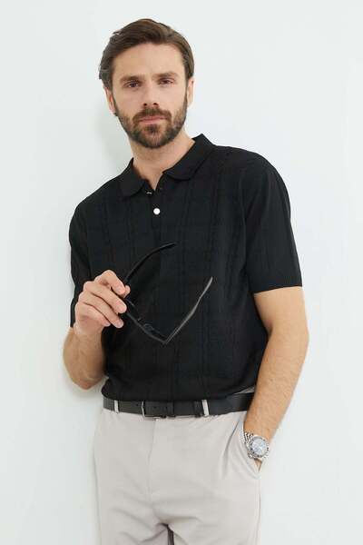 Fulla Moda Knitted Patterned Polo Neck Knitwear T-Shirt