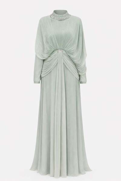 Olcay Yoryo Seiden-Tesettür-Abendkleid mit Stein- und Volon-Details HELLGRÜN ...