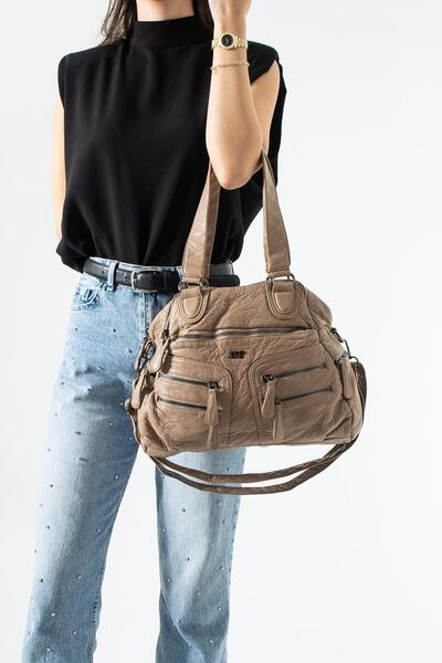 571 Collections Çanta Yıkama Deri Çok Gözlü, Omuz Ve Kol Çantası Vizon Model:(571-14-18F)