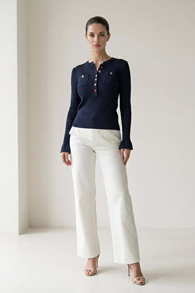 Setre Lacivert Düğme Detaylı Triko Bluz
