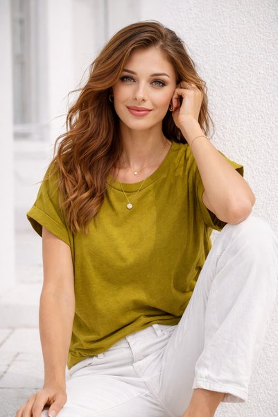 Rich Women's Mustard Cotton Double Sleeve Detailed Comfortable Fit T-Shirt