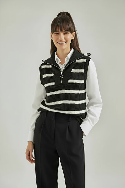 Cassime Women's Turtleneck Zippered Knitwear Black and White Striped Seasonal...