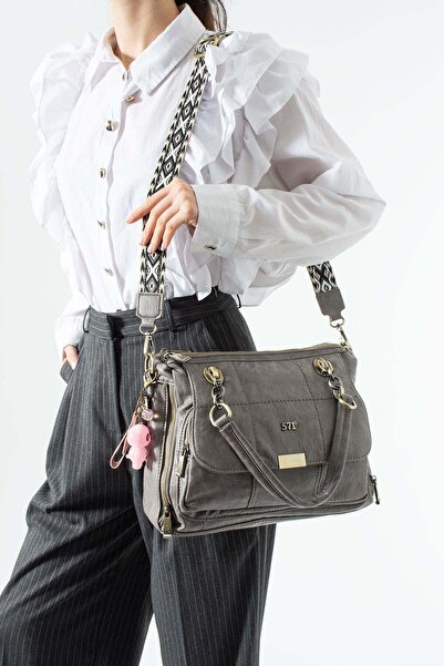 571 Collections Çanta Πλυμένη δερμάτινη τσάντα ώμου με πολλές τσέπες, γκρι μο...