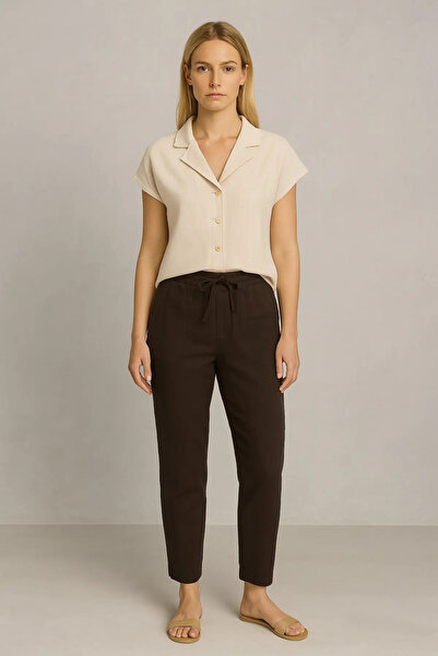 VENA Women's Shirt Collar Linen Blend Blouse - Natural