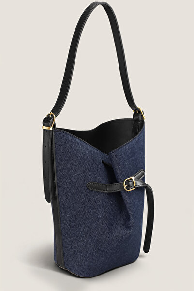 Housebags Luna Denim Siyah Bucket Omuz Çantası - Ayarlanabilir Omuz Askılı, G...