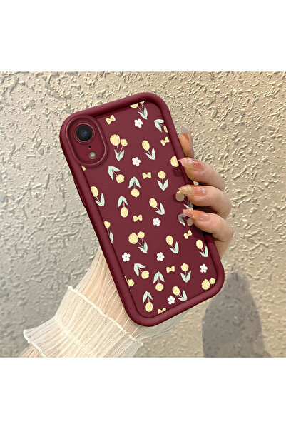 CASEVIBE iPhone XR Uyumlu Sevimli Çiçek Desenli Bordo Telefon Kılıfı Yumuşak ...