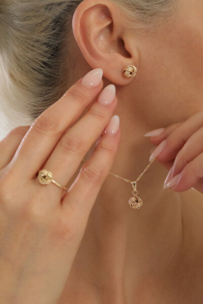 Kado Kuyumculuk 14 Ayar Altın İtalyan Düğüm Zincir Kolye & Küpe & Yüzük Set