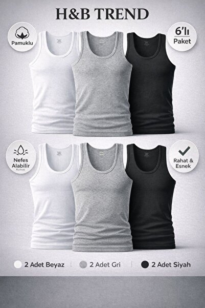 Tutku Hb Trend Men's White 6-Pack Combed Cotton Undershirts (Black Gray White)