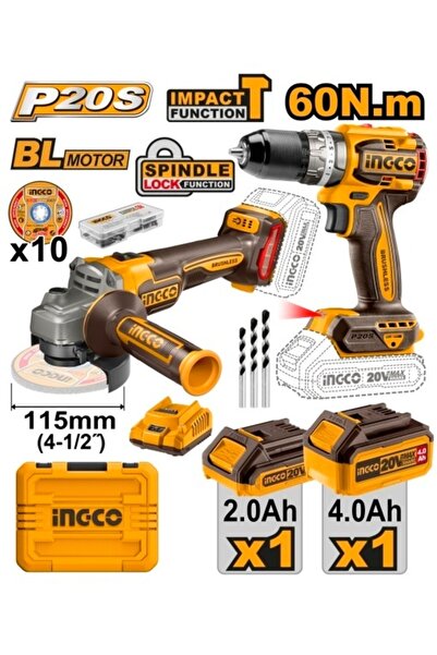 Ingco CKLI 20273 E Ασύρματος Γωνιακός Τροχός με Σετ Τρυπανιών 66 Nm 2 Μπαταρίες