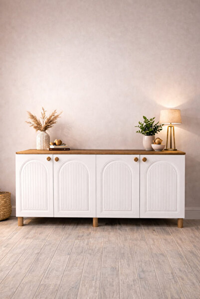 Rivon Modern Konsol Dolap 4 Kapaklı Ahşap Beyaz Büfe Çok Amaçlı Salon Yemek O...