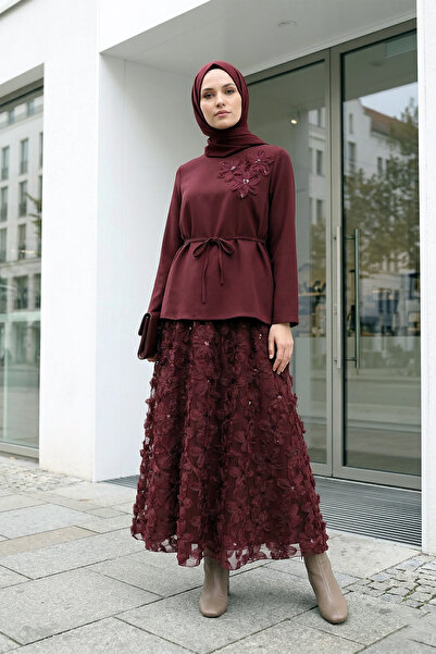 MODAQU Organza Floral Tulle Skirted Crepe Double Set - Burgundy