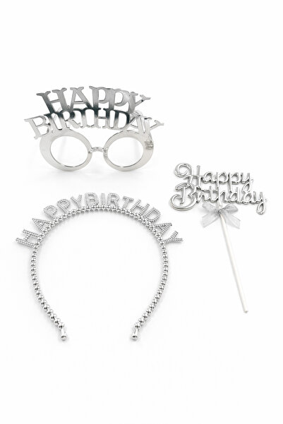 PARTİPORT Happy Birthday Party Set Silver Color Crown Glasses Cake Topper and Sash Birthday Accessory Sn-2028
