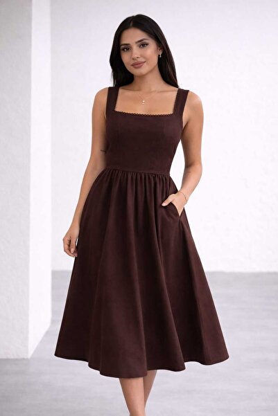 Benedetto Νέα σεζόν Γυναικείο φόρεμα μίντι με τετράγωνο λαιμό, ελαστική μέση,...