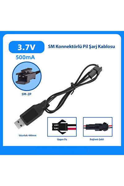 silabor 3.7V Lityum Pil USB Şarj Kablosu 2 Pin 500mA Şarj Adaptörü 480mm Uzun...