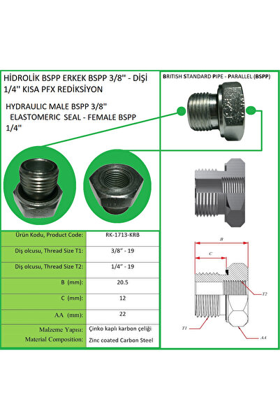 Rekorsan HİDROLİK BSP ERKEK 3/8'' - DİŞİ 1/4'' KISA PFX REDIKSIYON, HYDRAULIC...