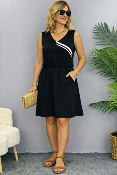Kokosh moda Women's Drawstring Waist V-Neck Strap Mini Two-Thread Viscose Dress