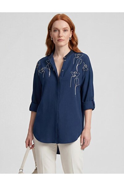 Kayra Κεντημένο κολεγιακό γιακά τύπου τουνίκ σε σκούρο μπλε ναυτικό