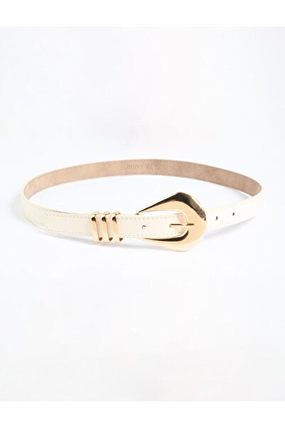 Jimmy Key Μπεζ οβάλ ζώνη με τριπλή μεταλλική λεπτομέρεια και δερμάτινη όψη