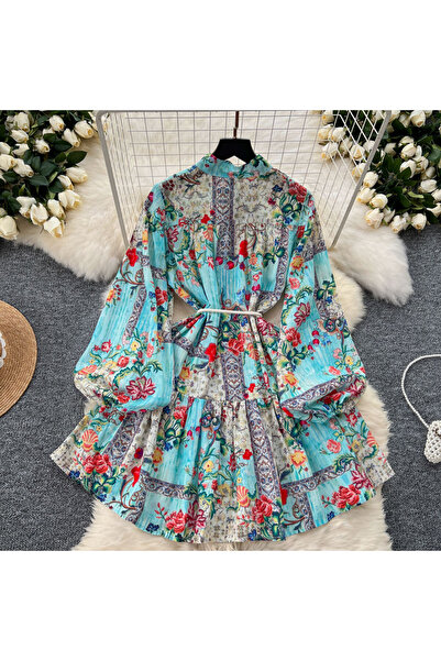 Zaghou Vintage Floral Print Long Sleeve Ruffle Mini Dress